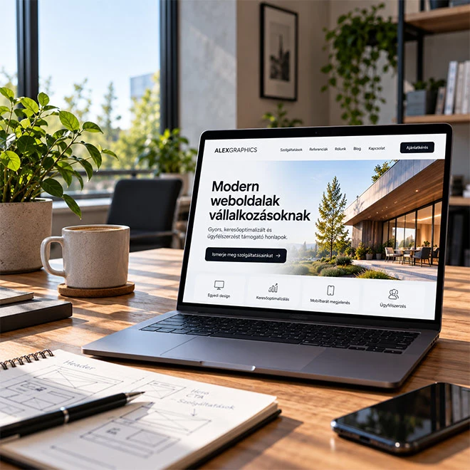 Egyedi céges honlap megjelenése laptop képernyőjén